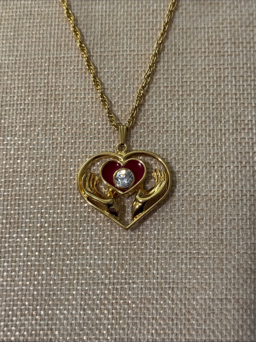 Gold Heart Pendant Necklace with Red Enamel and Crystal Accent